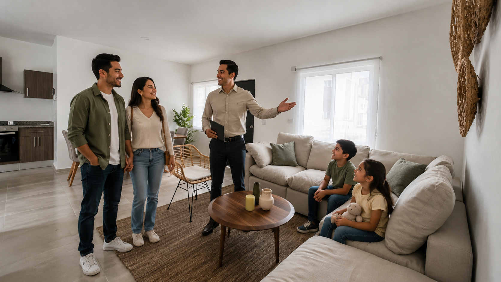Familia conociendo una propiedad junto a un asesor de Rentoplaya